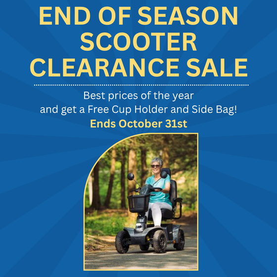 End of season scooter sale ad: Woman on scooter, blue background, offers free cup holder and side bag.
