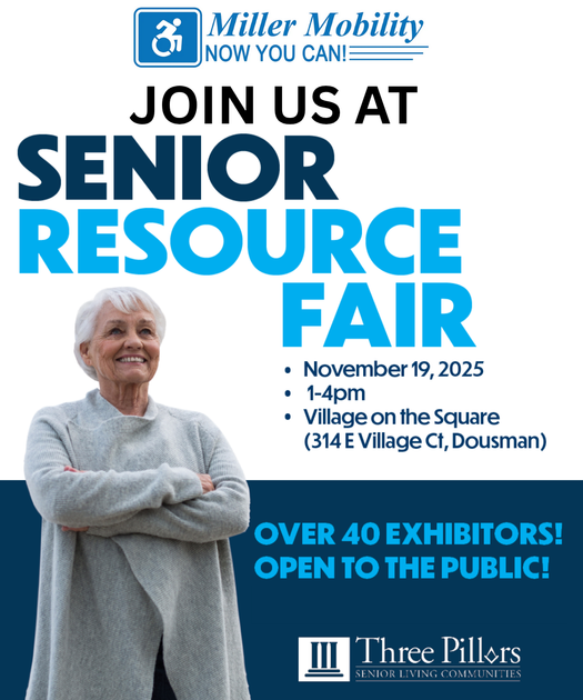 Poster for a Senior Resource Fair. Includes a smiling woman, dates, location, and logos.
