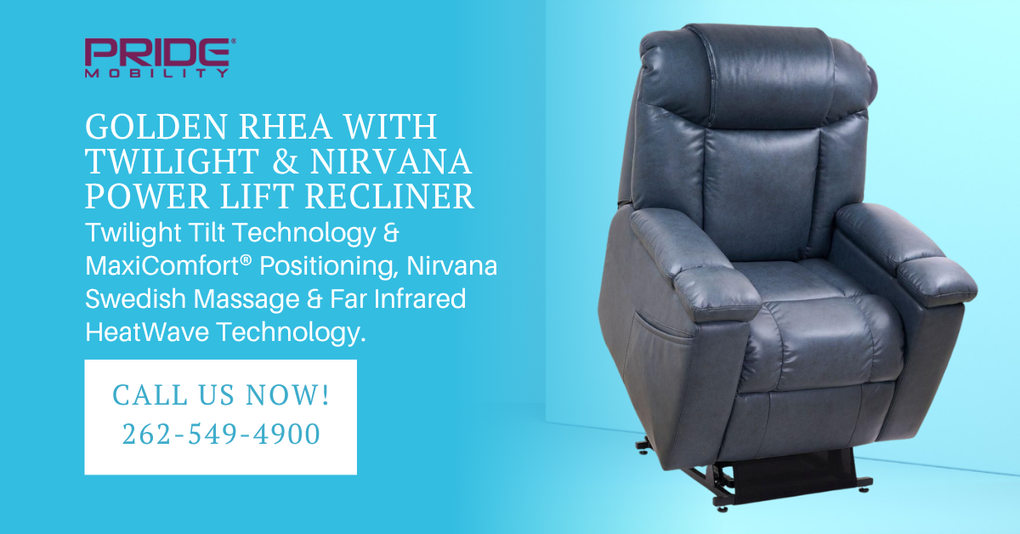 An ad for a golden rhea with twilight and nirvana power lift recliner