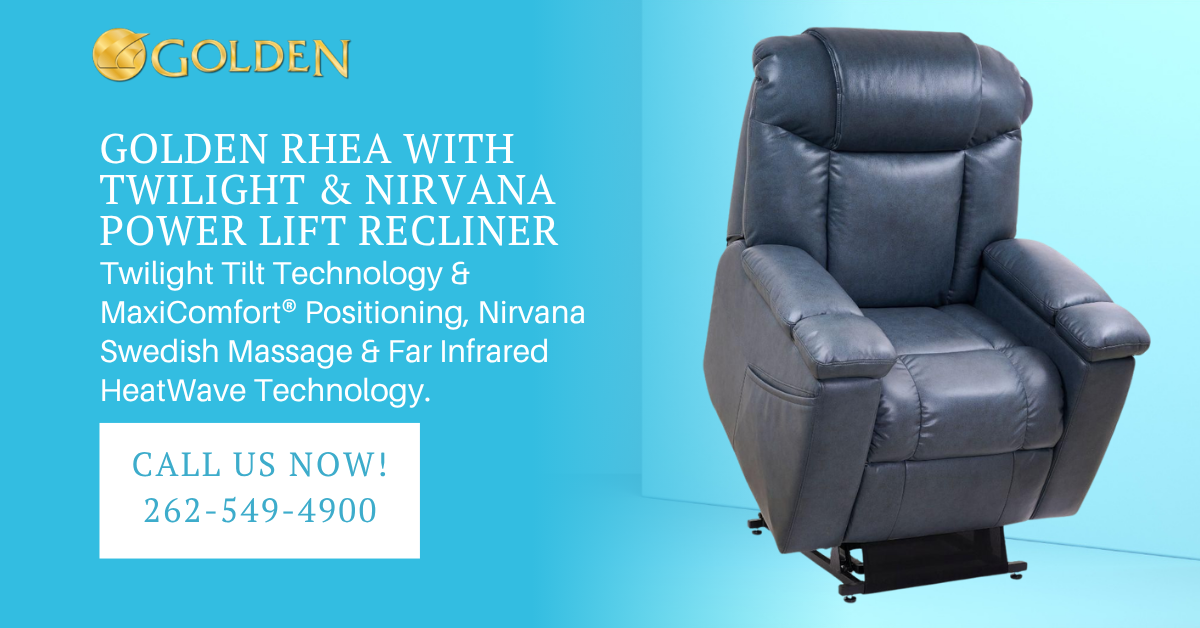 An ad for a golden rhea with twilight and nirvana power lift recliner
