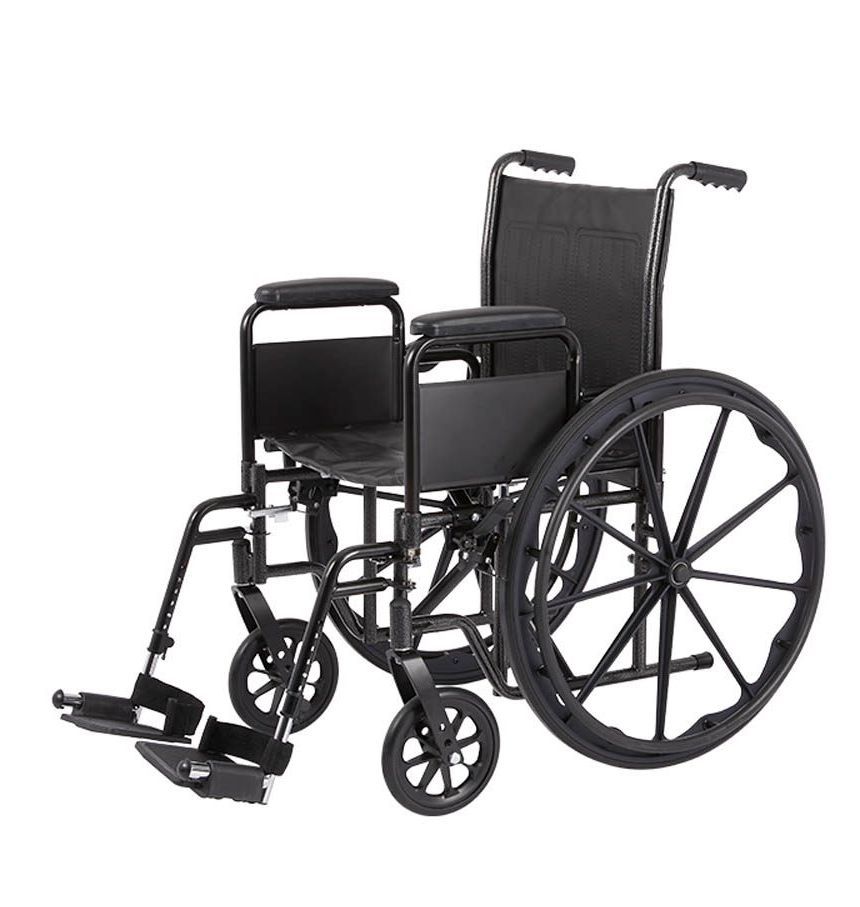 A black wheelchair is sitting on a white background.