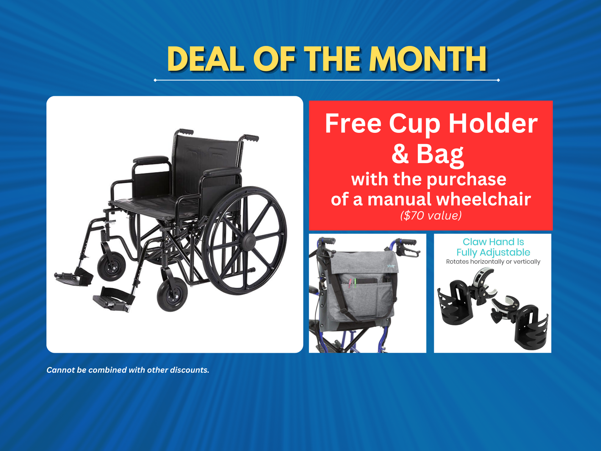 A wheelchair with a free cup holder and bag with the purchase of a manual wheelchair