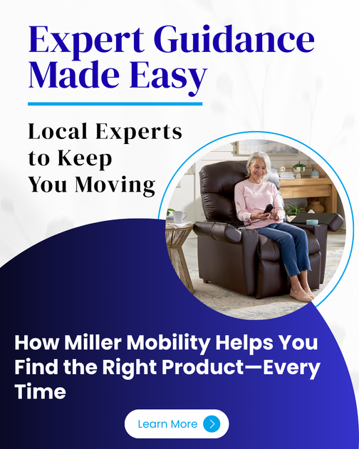Ad for Miller Mobility featuring a woman in a recliner with text: 