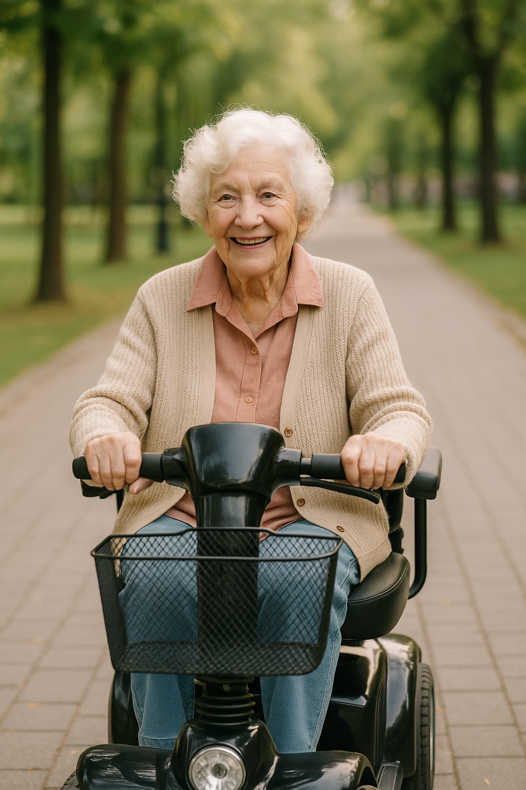 An elderly woman is riding a mobility scooter in a park.