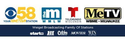 The logos for CBS 58, the M, Telemundo, and  MeTV Milwaukee