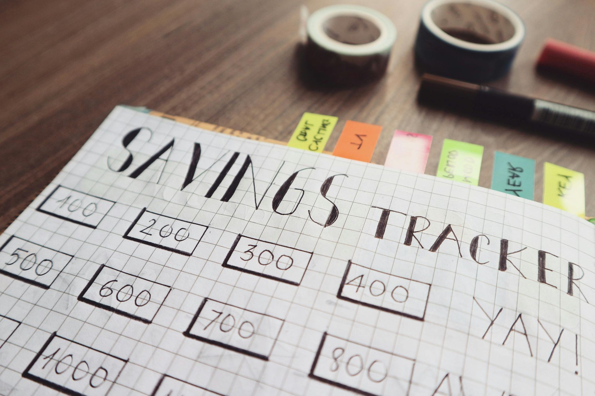 A savings tracker is sitting on a wooden table