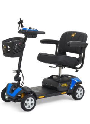 A blue and black mobility scooter with a basket on the front.