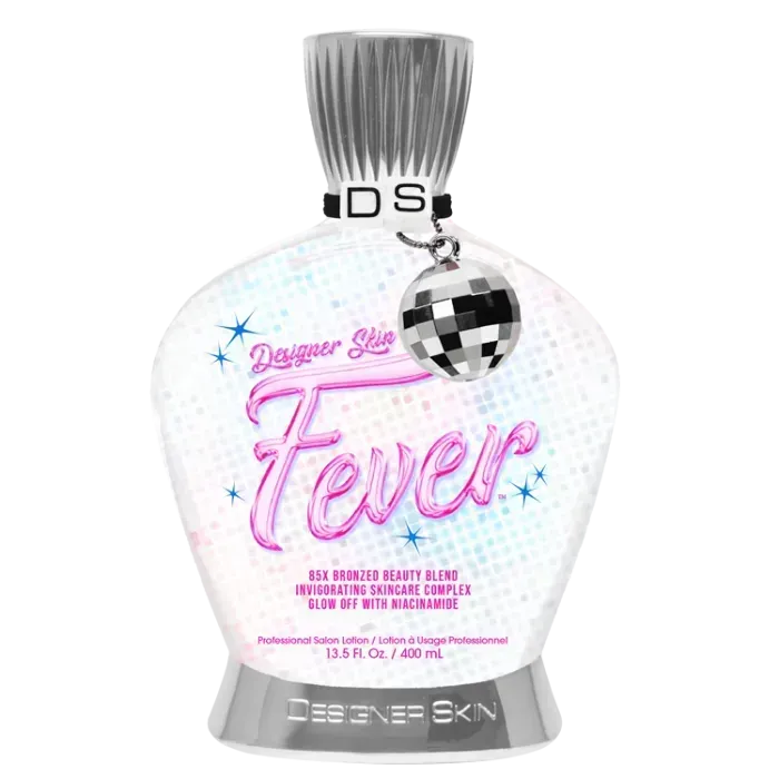 Bottle of Designer Skin Fever tanning lotion with a disco ball charm.