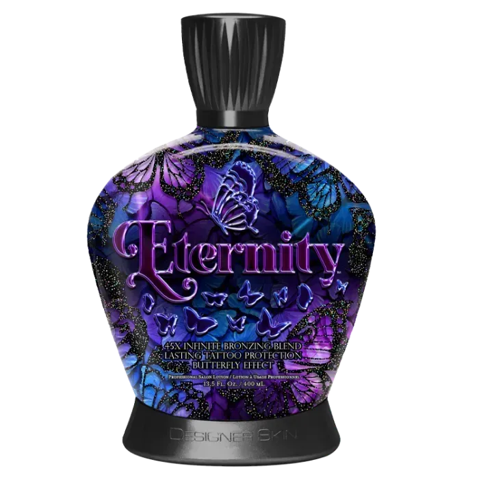 Bottle of tanning lotion with purple, blue, and black butterfly design, labeled 
