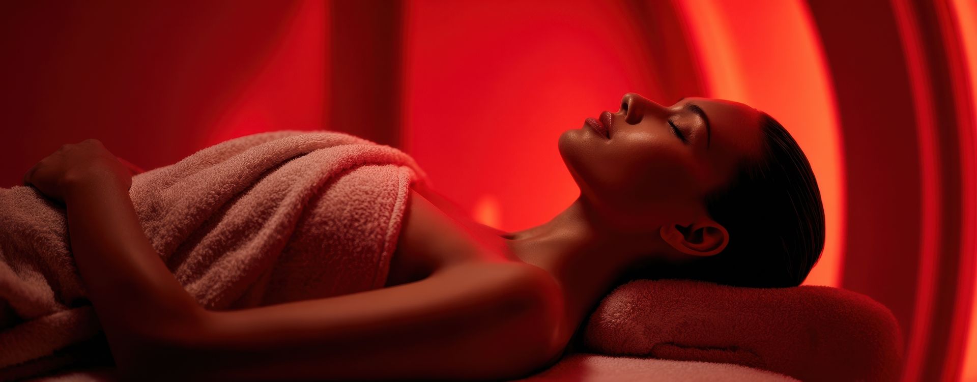 The woman relaxing on a towel-covered spa lounger in red light.
