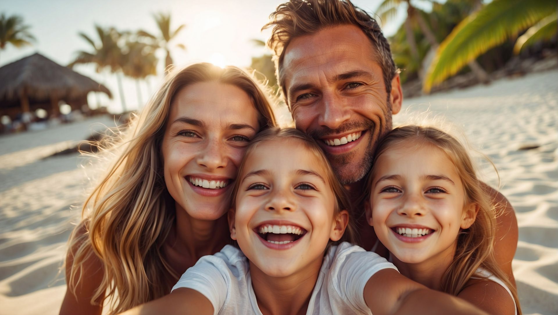 Family smiling at camera on beach. Sunlit with palm trees in the background.