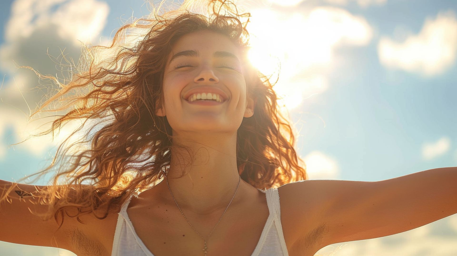 A smiling person with curly hair stands with arms outstretched against a bright, sunny sky.