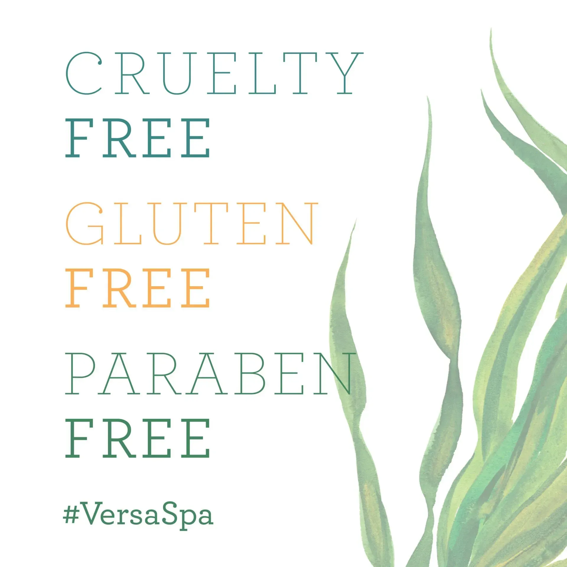 Text overlay: Cruelty-free, gluten-free, paraben-free, with a watercolor plant design and 