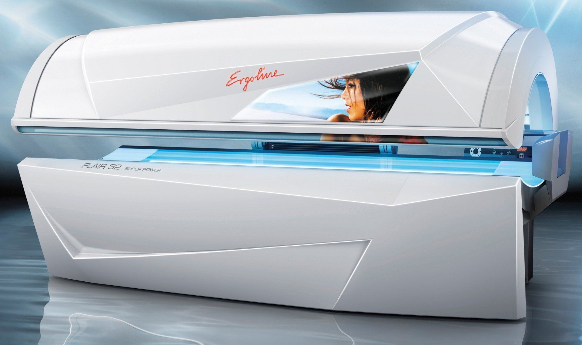 White tanning bed with woman visible inside, blue lights, and red logo.