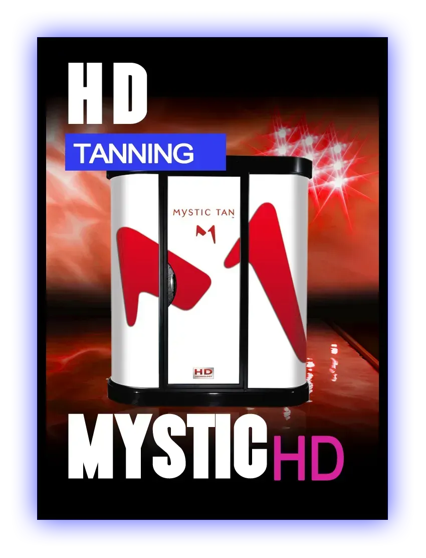 Mystic HD spray tanning booth, red and white design, HD Tanning text.