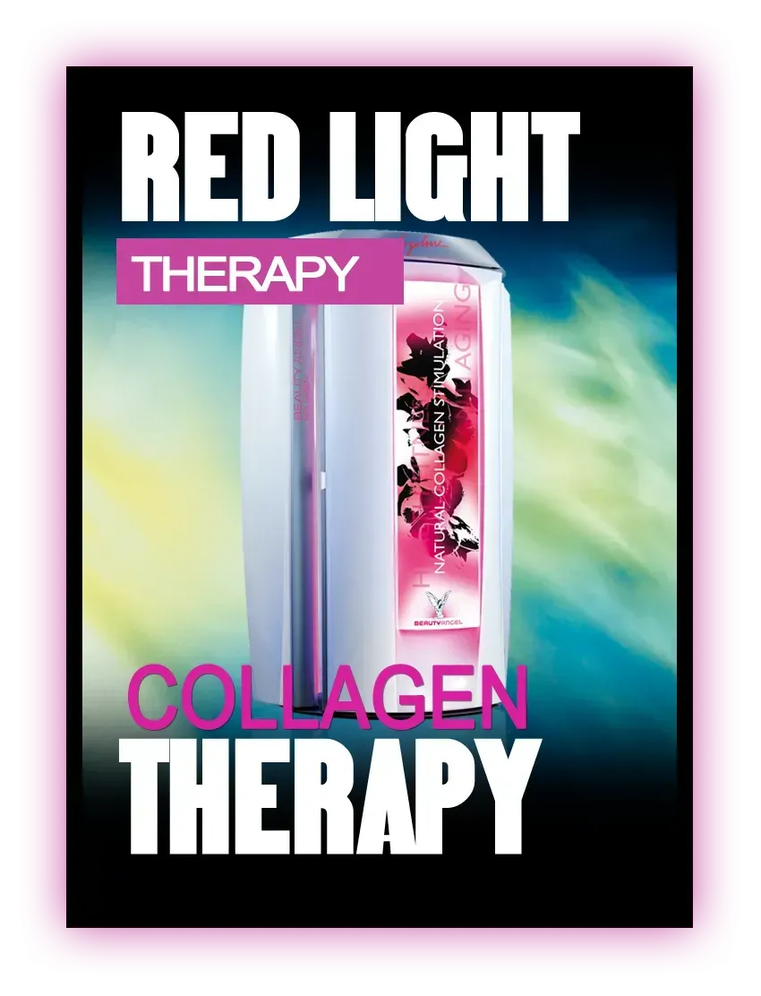 Red light therapy booth with pink and white text on a black background.