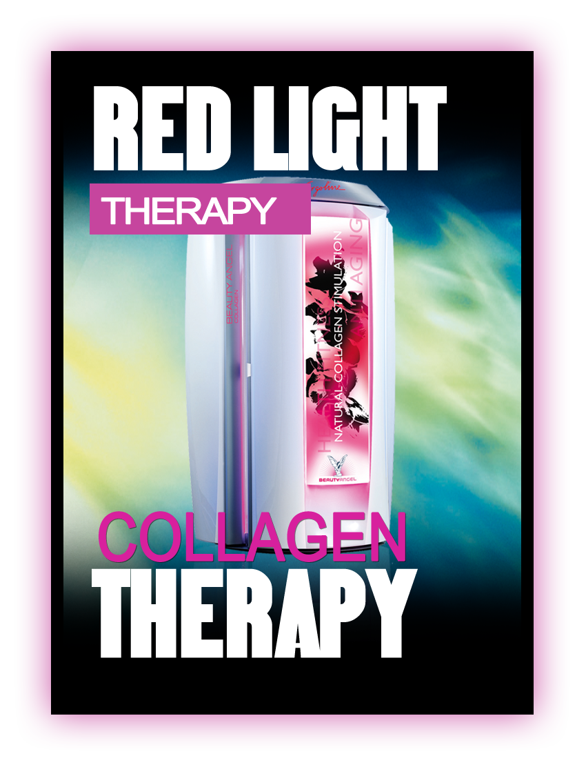 Red light therapy machine for collagen therapy, glowing pink lights.