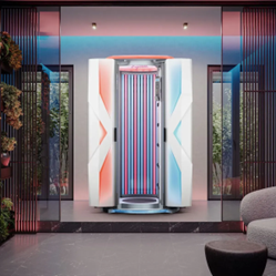 A standing tanning station stands in the middle of a room, inside a spa. A standing tanning station stands in the middle of a room, inside a spa.