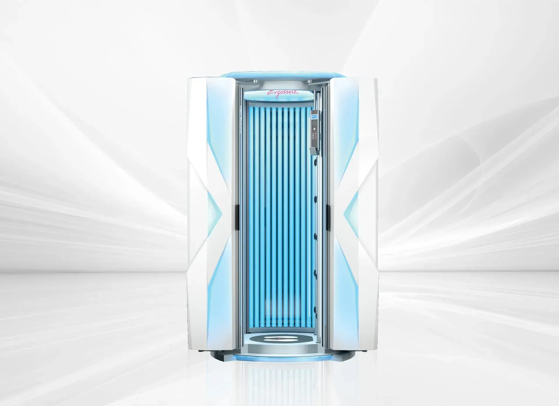 Tanning booth, white exterior with blue accent lighting, open door, vertical UV lamps.