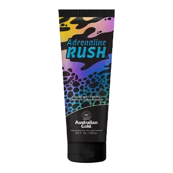 Tube of Australian Gold Adrenaline Rush tanning lotion, featuring colorful design.