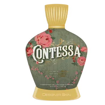 Bottle of Contessa tanning lotion with floral design.