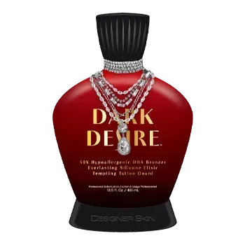 Dark Desire tanning lotion bottle, red and black, with a necklace design and gold text.