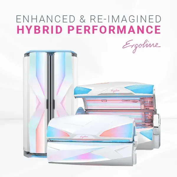 Tanning beds, white with iridescent accents, are arranged together. Text says 