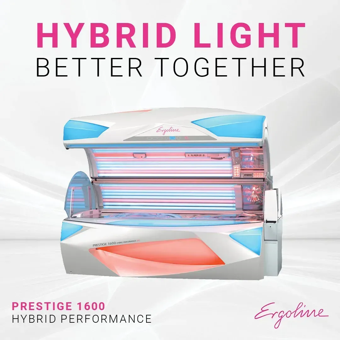 Hybrid tanning bed with blue and pink lights; text reads 