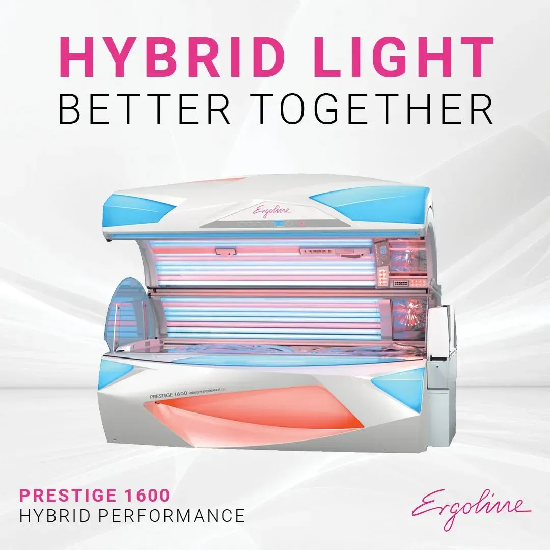 Tanning bed, Prestige 1600 model with hybrid light, white and blue accents, text 