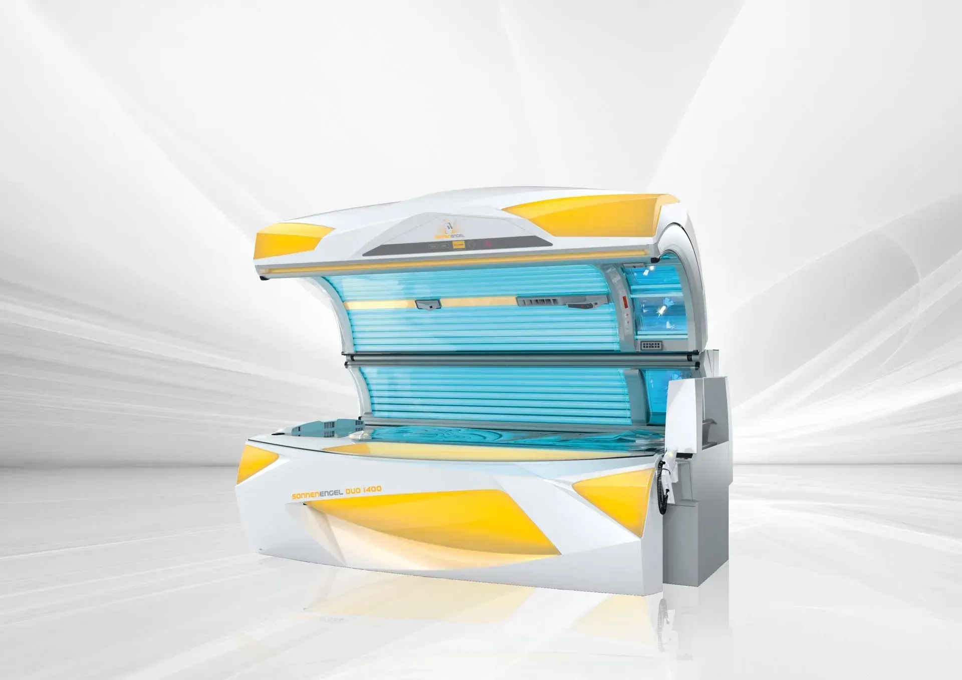 Tanning bed with yellow and white accents, open, and emitting blue light.