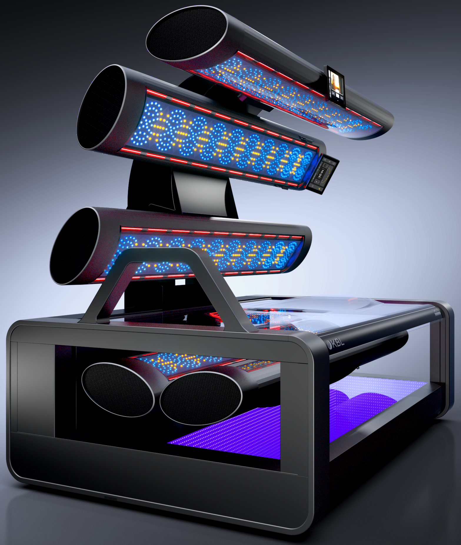 Black LED light therapy device with angled tubes, blue and red lights.