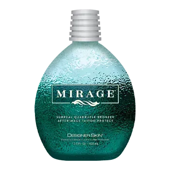 Bottle of Mirage tanning lotion, green and blue ombre with white cap and logo.