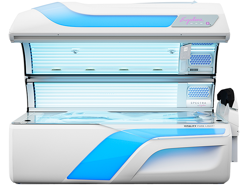 Tanning bed with white and blue accents, showcasing UV lamps, control panel, and sleek design.