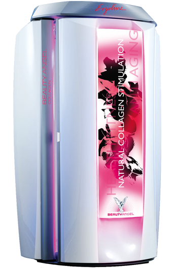 Tanning booth with a pink and white design, promoting natural collagen stimulation and anti-aging.