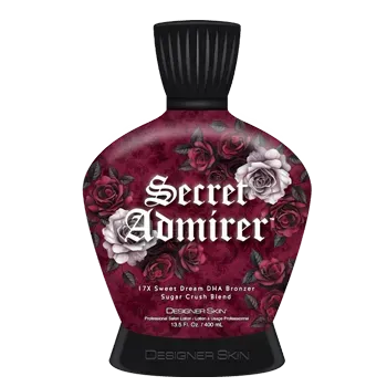 Bottle of Designer Skin Secret Admirer tanning lotion with rose graphic.