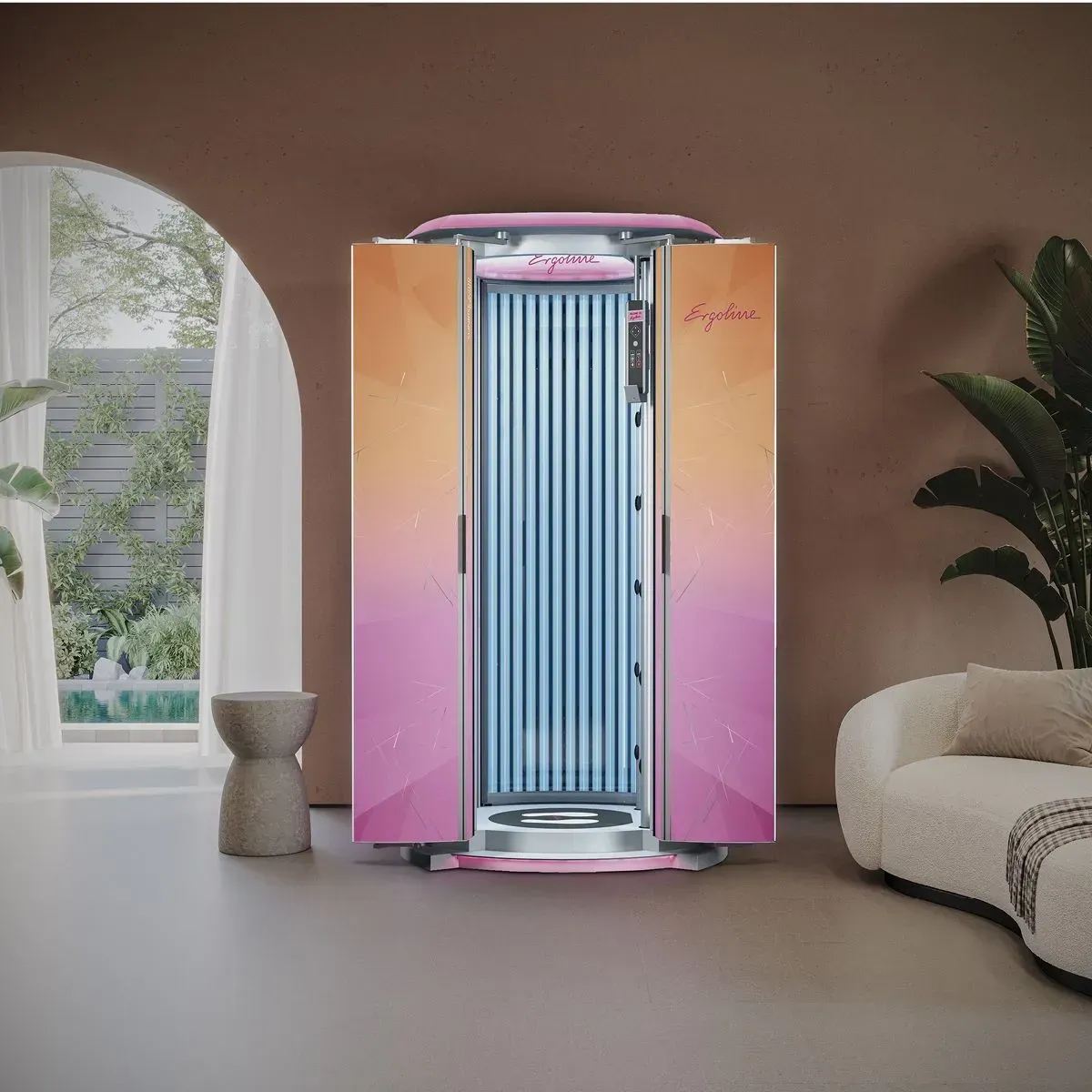 A pink and orange tanning booth in a room with a window, chair and couch.