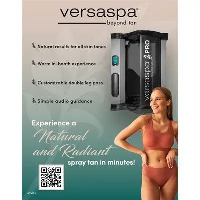 Advertisement for VersaSpa spray tanning booth. Shows a woman smiling, and the booth with text promoting natural results.