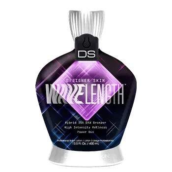 Bottle of Designer Skin Wavelength tanning lotion. Purple, black, and silver design.