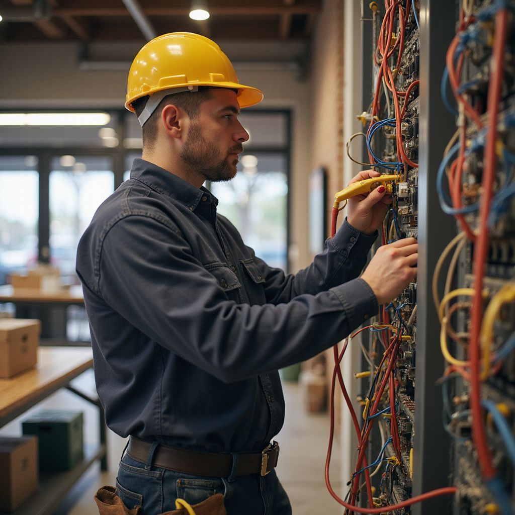 An electrician in a hard hat uses a multimeter to test wiring in a server rack inside an office or industrial space.
