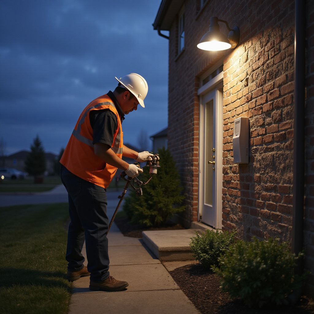 A worker in a hard hat and high-visibility vest inspects a device near the entrance of a brick house at dusk.