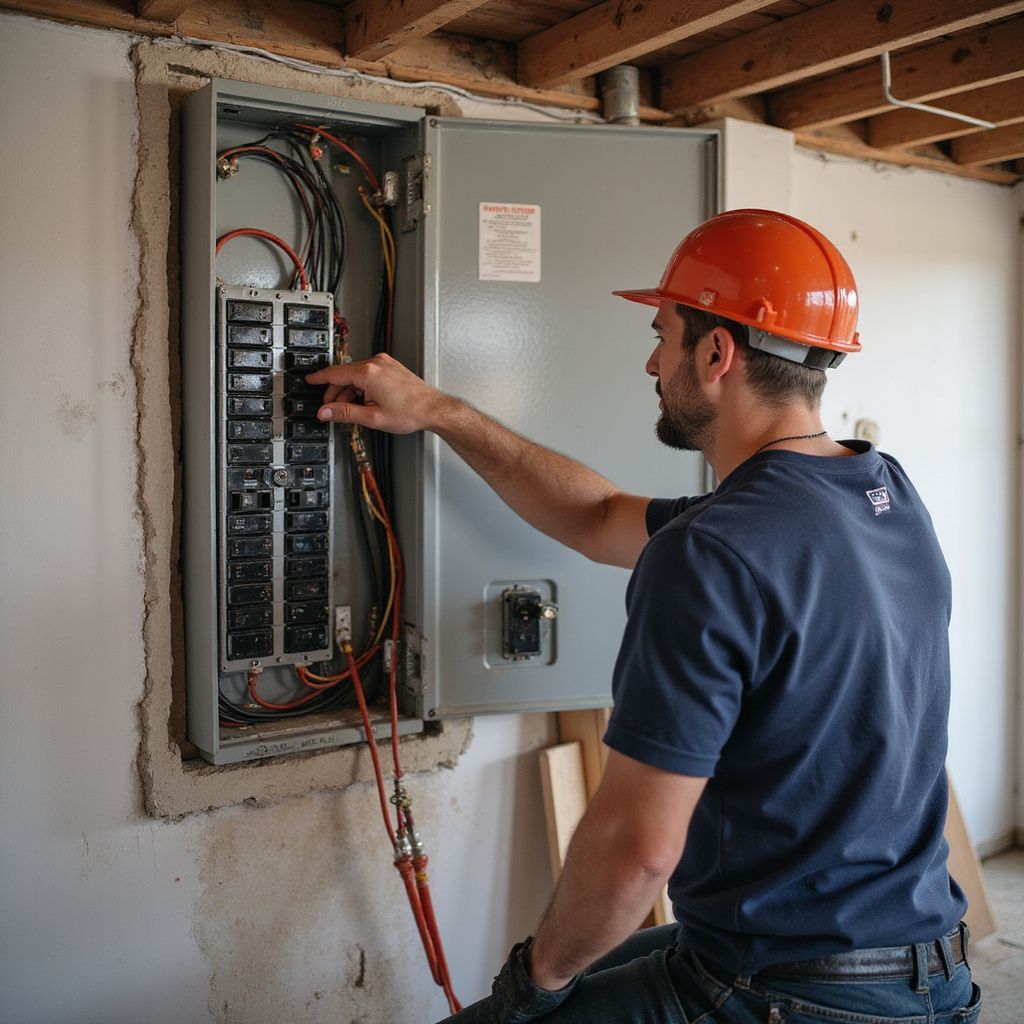 An electrician in an orange hard hat flips a breaker switch inside an open electrical panel mounted on a wall.