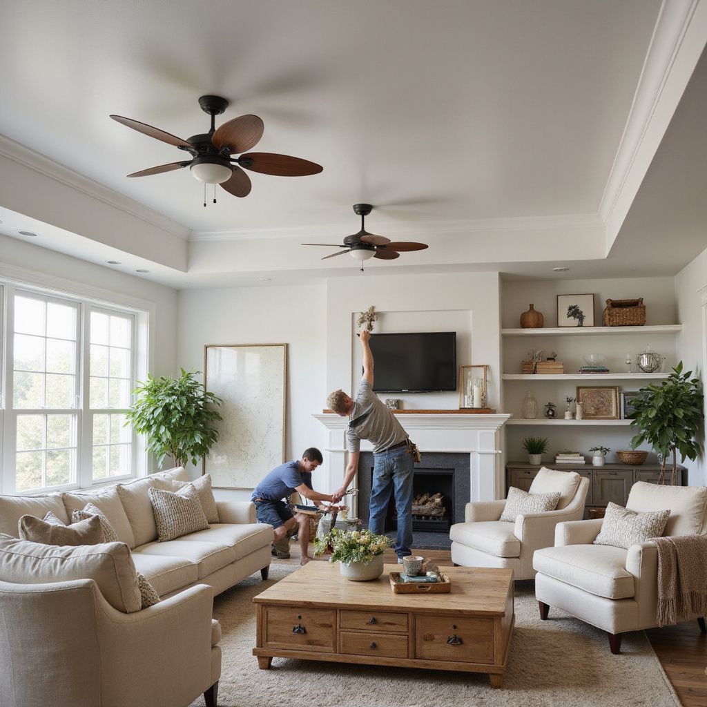 Two people installing a TV above a fireplace in a bright, modern living room with beige sofas and wooden furniture.