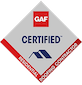 GAF Certified Residential Roofing Contractor logo on a diamond-shaped background.