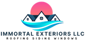 Logo for Immortal Exteriors LLC featuring a stylized house with a pink sun over a blue wave and the company services.