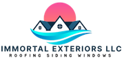 Logo for Immortal Exteriors LLC featuring a stylized house with a pink sun over a blue wave and the company services.
