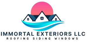 Logo for Immortal Exteriors LLC featuring a stylized house with a pink sun over a blue wave and the company services.