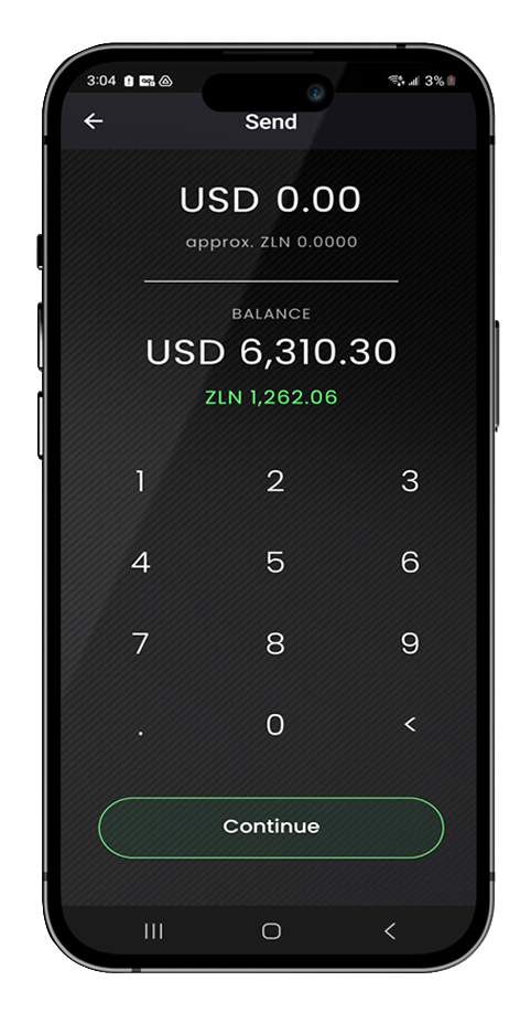ZELEN Systems app, transfer $ZLNC amount.
