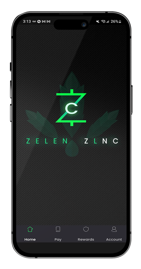 A cell phone with a the ZELEN Systems app home screen on the screen.