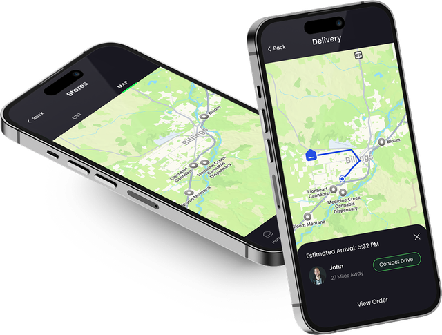 two cell phones displaying the ZELEN annabis delivery app on their screens
