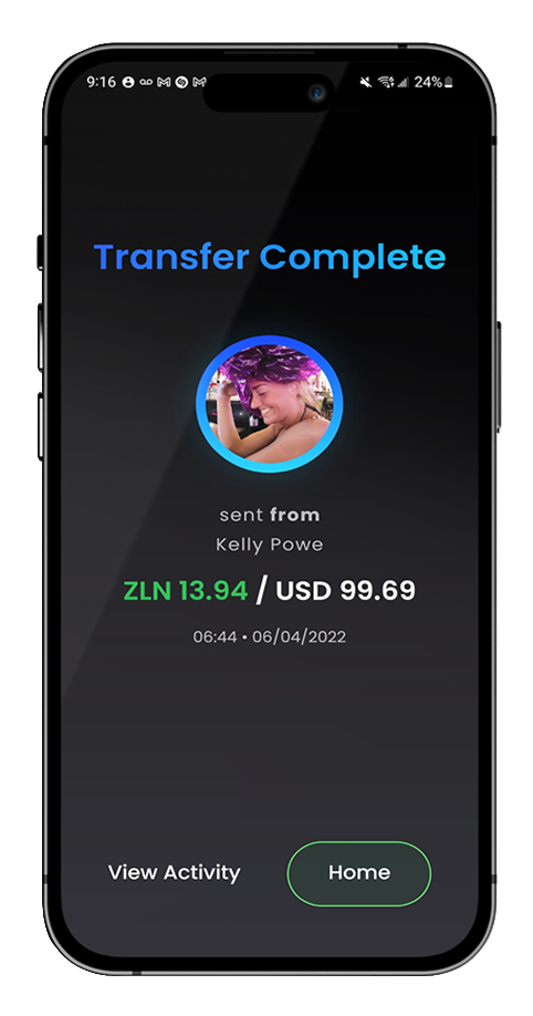 ZELEN Systems app, $ZLNC transfer complete notification. 